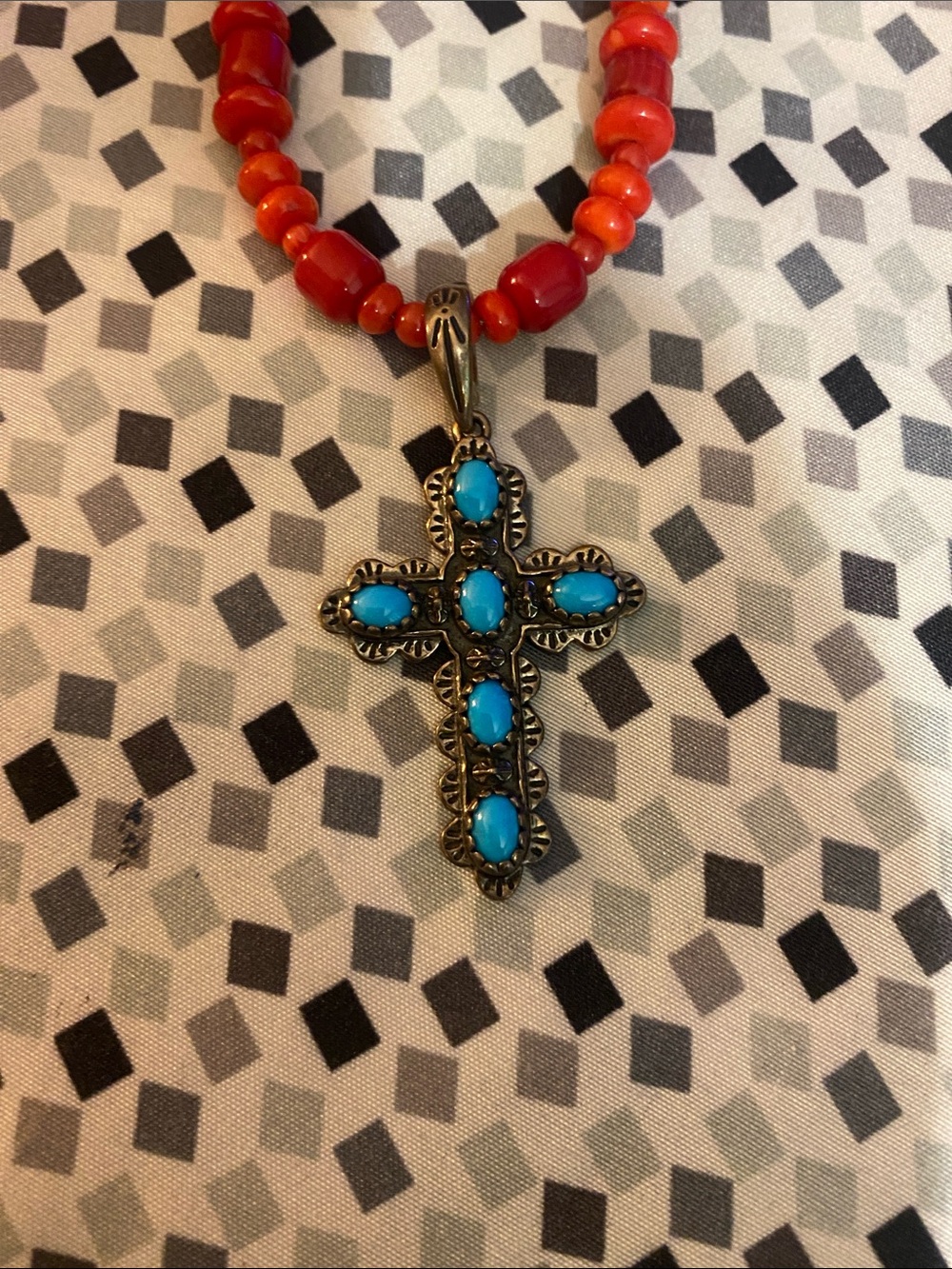 American West Red Bead Necklace with Turquoise Cross - Picture 3 of 5
